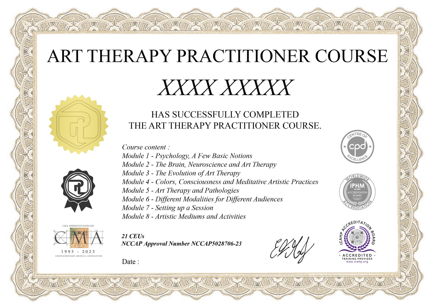 Our Art Therapy Practitioner Course premium certificate.