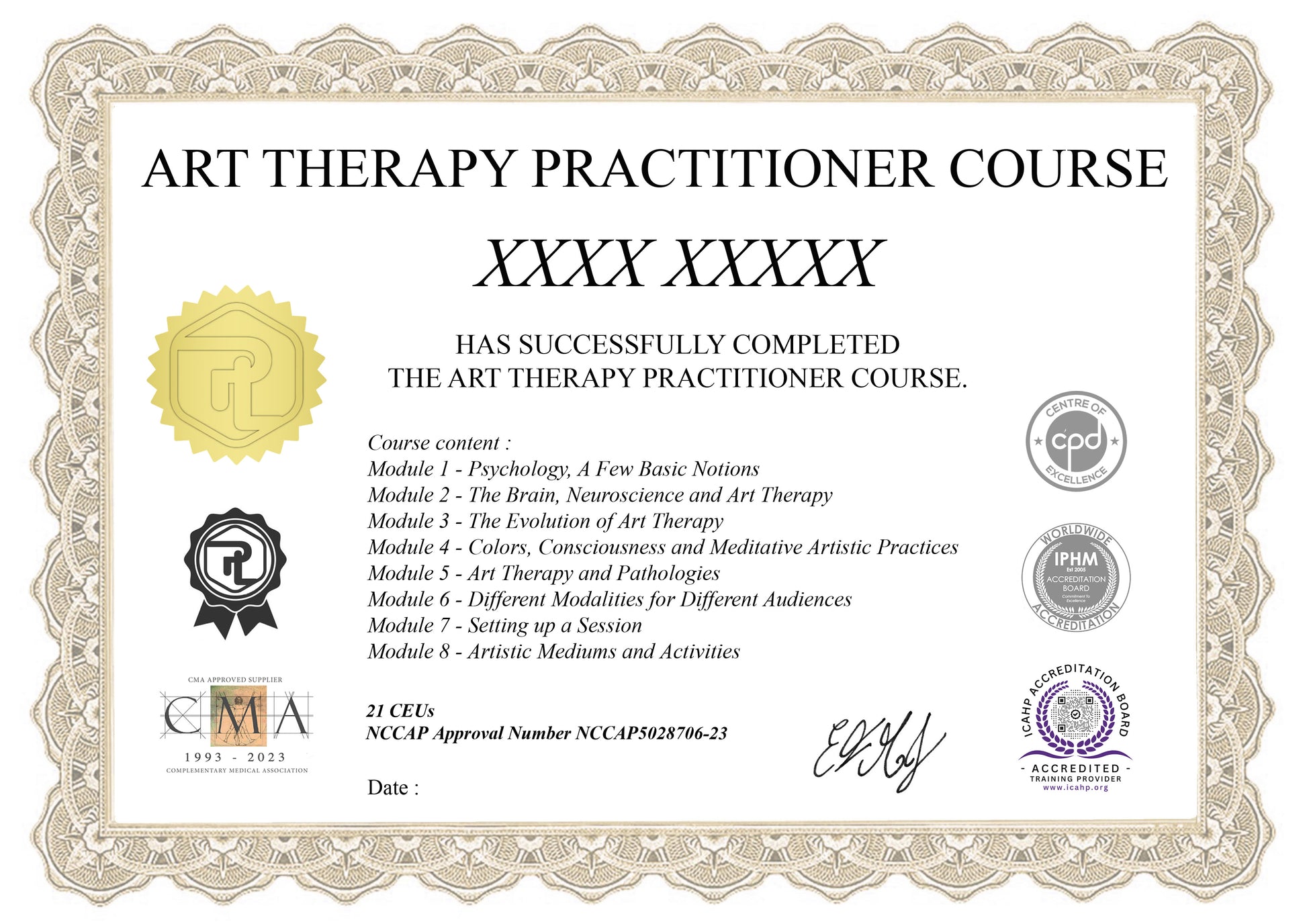 Our Art Therapy Practitioner Course premium certificate.