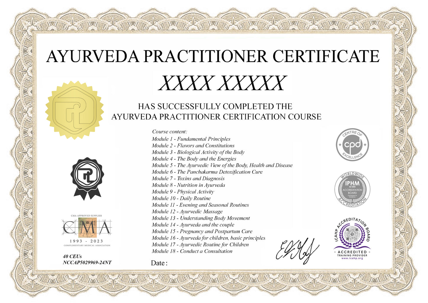 Our Ayurveda Practitioner Course premium certificate.