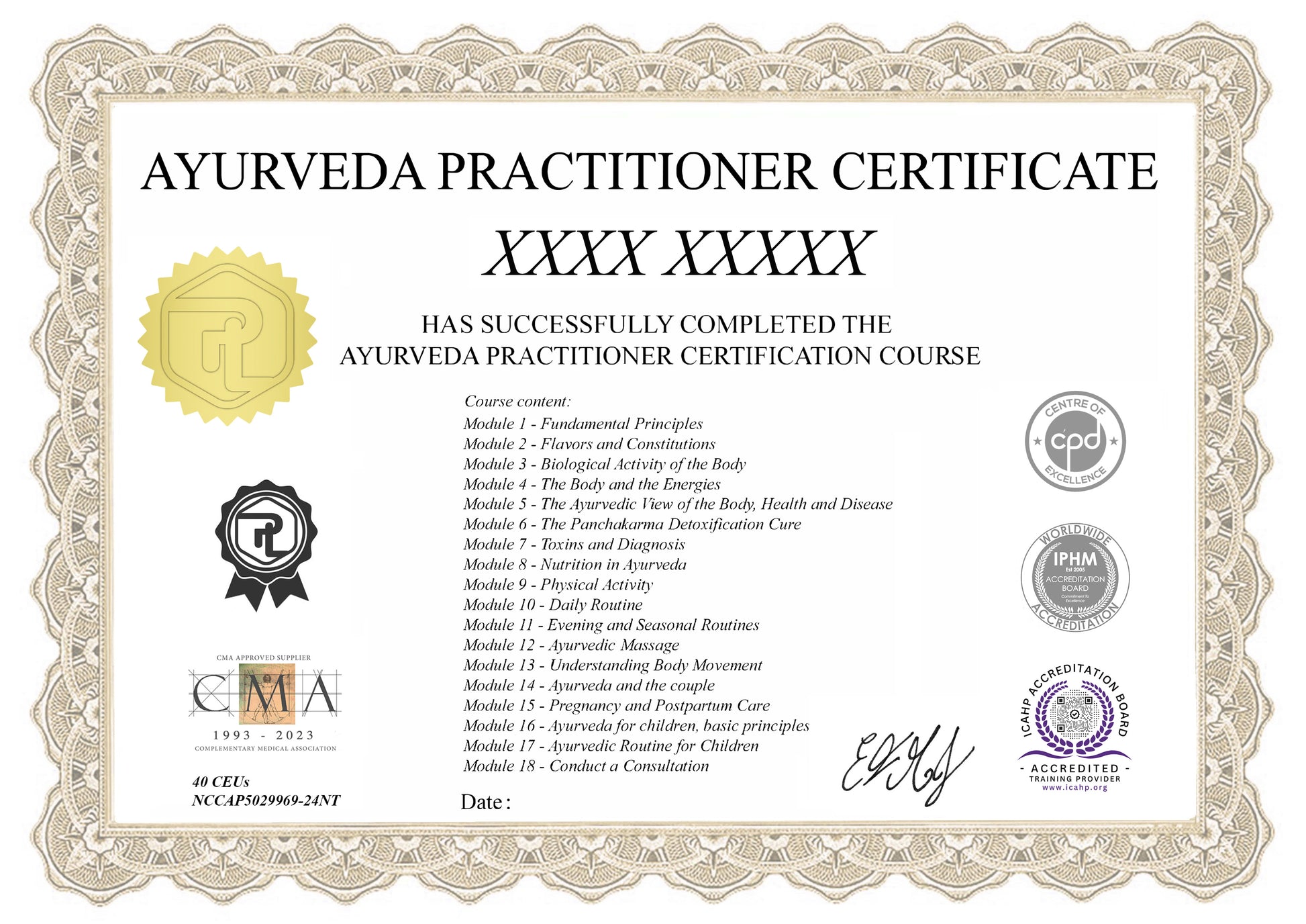 Our Ayurveda Practitioner Course premium certificate.