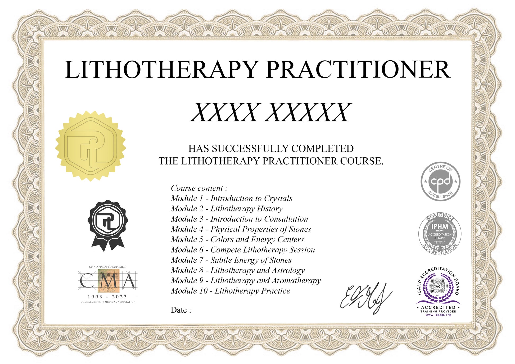 Our Lithotherapy Practitioner Course certificate.