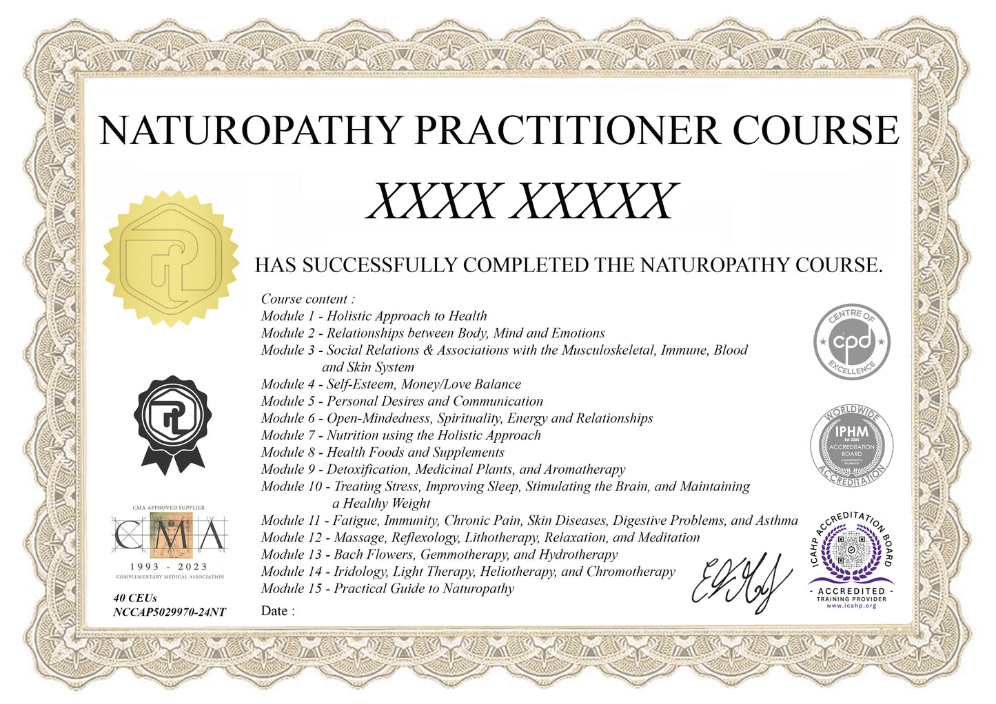 Our Naturopathy Practitioner Course premium certificate.