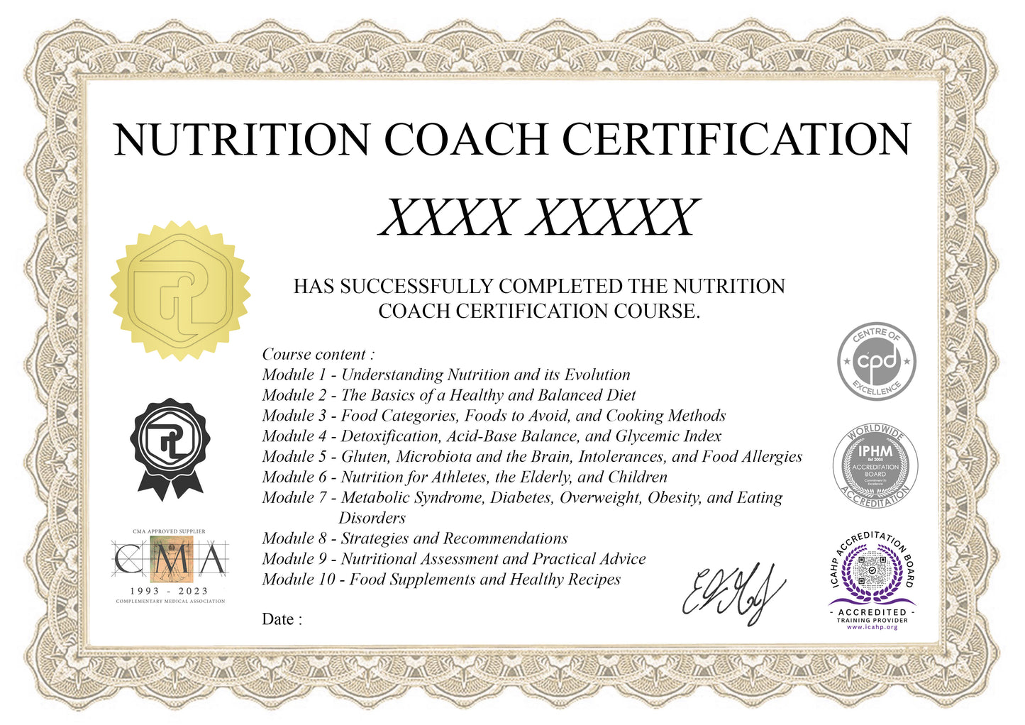 Our Nutrition Practitioner Course certificate.