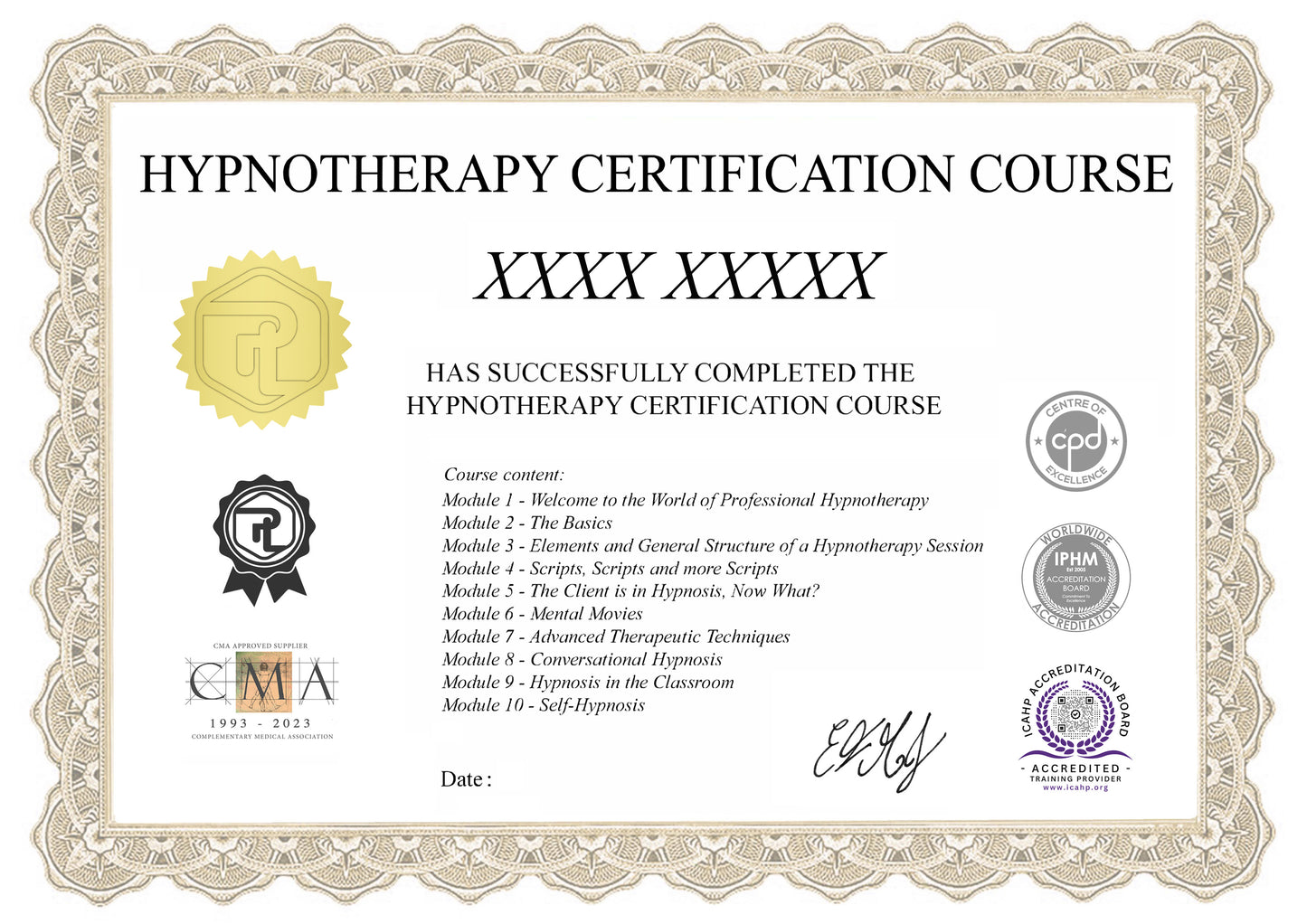Our Hypnotherapy Practitioner Course premium certificate.