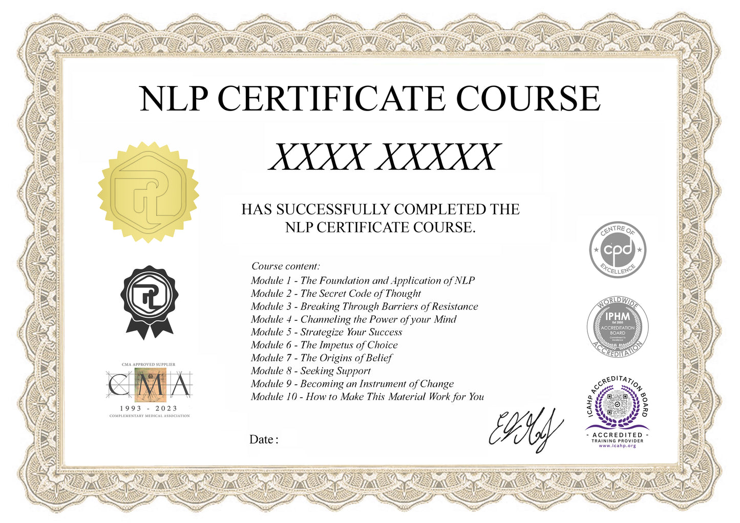 Our NLP Practitioner Course premium certificate.