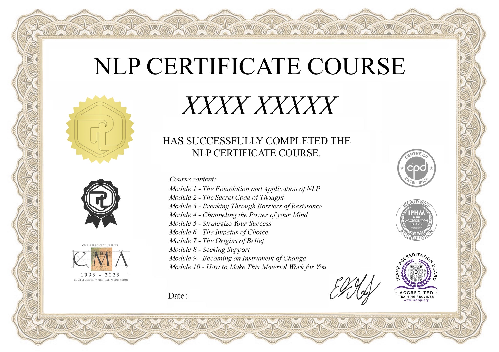 Our NLP Practitioner Course premium certificate.